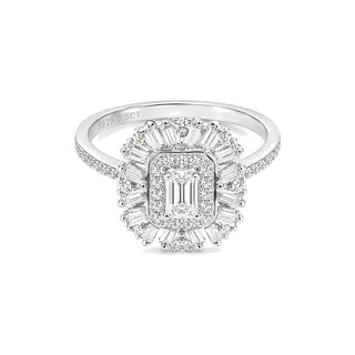 0.5 ct Emerald-Cut Baguette Sunburst Halo Moissanite Ring in sterling silver