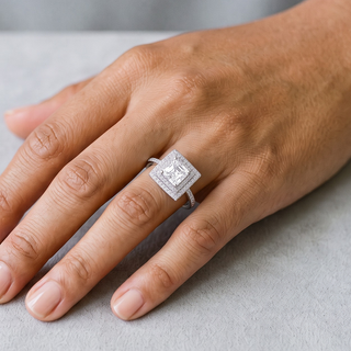 0.8 ct Asscher-Cut Square Double Halo Moissanite Ring in sterling silver, worn on hand