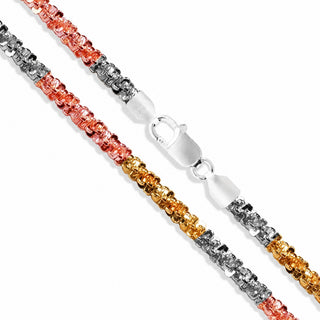 Superior Silver 1.8mm tri-color criss cross chain necklace in gold, rose gold, and silver plated 925 sterling silver.