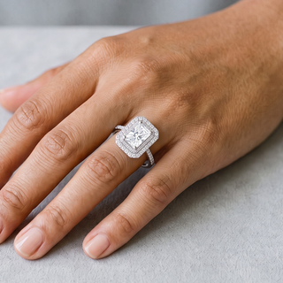 1 ct Radiant-Cut Double Halo Moissanite Ring in sterling silver, worn on hand