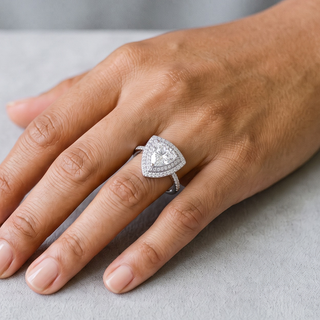 1 ct Trillion Double Halo Moissanite Ring in sterling silver, worn on hand