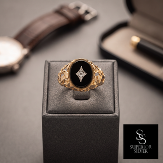10K yellow gold men's black onyx & diamond cocktail ring on display