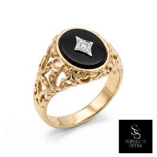 10K yellow gold men's black onyx & diamond cocktail ring - front view