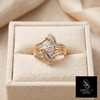 10K yellow gold round diamond engagement ring on a display, Superior Silver