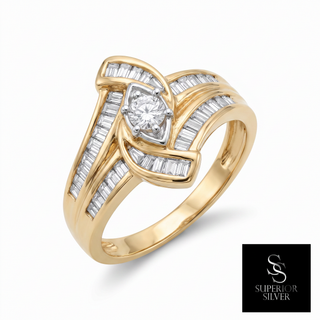 10K yellow gold engagement ring with a round diamond center in a marquise-shaped setting, on a white background, Superior Silver