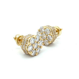 10mm flower cluster baguette-sided moissanite stud earrings in yellow gold vermeil over sterling silver