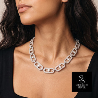 11mm Geometric Pavé Link Moissanite Necklace in sterling silver, worn on model