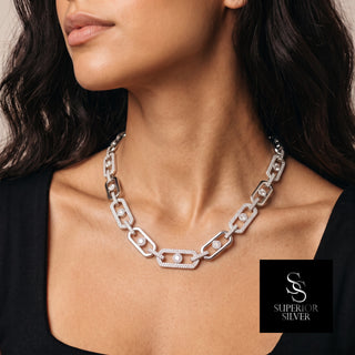 13mm Geometric Alternating Pavé Link Moissanite Necklace in sterling silver, worn on model