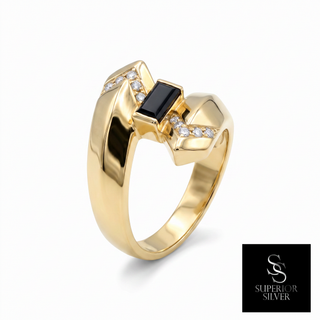 14K yellow gold men's black onyx and diamond cocktail ring, on a white background, Superior Silver