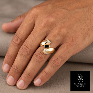 14K yellow gold men's black onyx and diamond cocktail ring worn on a man's hand, Superior Silver
