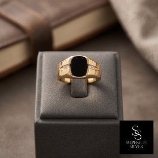 14K yellow gold men's onyx & diamond ring on display