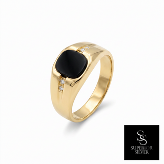 14K yellow gold men's onyx & diamond ring - front view