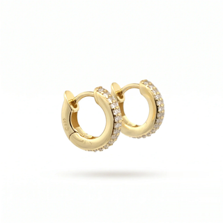14mm wide pavé moissanite huggie hoop earrings in yellow gold vermeil over sterling silver