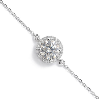 1mm 0.5ct Round Cut Moissanite Halo Cable Bracelet in Sterling Silver, close-up of the halo station