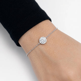 1mm 0.5ct Round Cut Moissanite Halo Cable Bracelet in Sterling Silver worn on the wrist