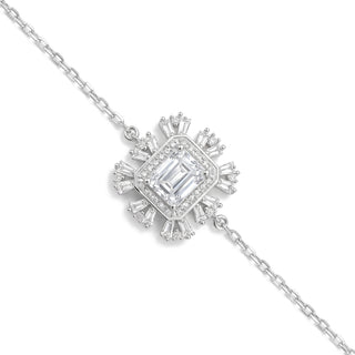 1mm 1ct Emerald Cut Moissanite Flower Cable Bracelet in Sterling Silver, close-up of the flower station