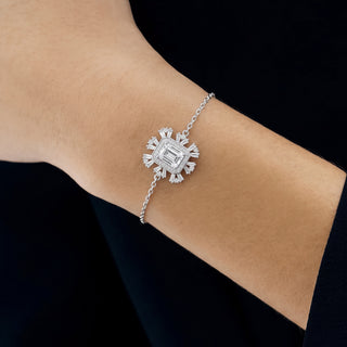 1mm 1ct Emerald Cut Moissanite Flower Cable Bracelet in Sterling Silver worn on the wrist