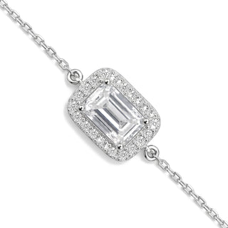 1mm 1ct Emerald Cut Moissanite Halo Cable Bracelet in Sterling Silver, close-up of the halo station