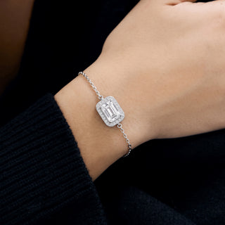 1mm 1ct Emerald Cut Moissanite Halo Cable Bracelet in Sterling Silver worn on the wrist