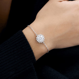 1mm 1ct Round Cut Moissanite Flower Cable Bracelet in Sterling Silver worn on the wrist