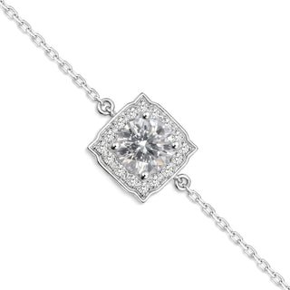1mm 1ct Round Cut Moissanite Halo Cable Bracelet in Sterling Silver, close-up of the square halo station