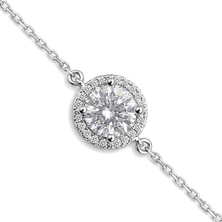 1mm 1ct Round Cut Moissanite Halo Cable Bracelet in Sterling Silver, close-up of the round halo station
