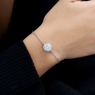 1mm 1ct Round Cut Moissanite Halo Cable Bracelet in Sterling Silver worn on the wrist