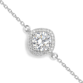 1mm 1ct Round Cut Moissanite Halo Cable Bracelet in Sterling Silver, close-up of the cushion halo station