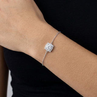 1mm 1ct Round Cut Moissanite Halo Cable Bracelet in Sterling Silver worn on the wrist
