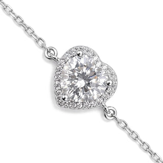 1mm 1ct Round Cut Moissanite Heart Cable Bracelet in Sterling Silver, close-up of the heart halo station