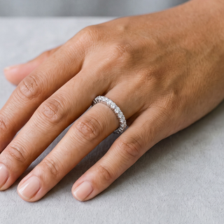2.5mm Shared-Prong Full Eternity Band Moissanite Ring in sterling silver, worn on hand