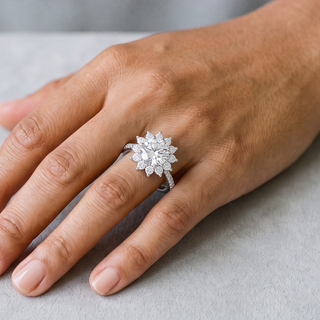 2 ct Round Starburst Halo Moissanite Ring in sterling silver, worn on hand