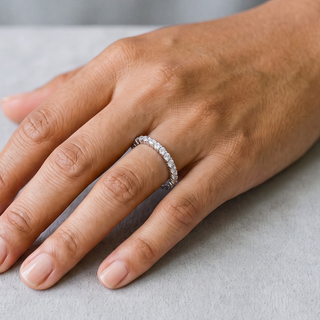 2mm Shared-Prong Full Eternity Band Moissanite Ring in sterling silver, worn on hand