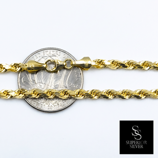10K yellow gold 3.5mm rope chain shown next to a quarter for scale