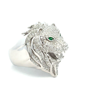 3D lion head with pavé mane moissanite ring in sterling silver, view 2