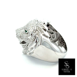 3D lion head with pavé mane moissanite ring in sterling silver, view 3