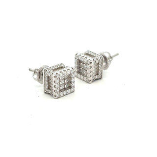3D square box baguette moissanite stud earrings in sterling silver, view 2