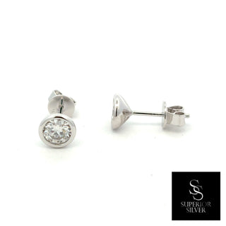 5mm round bezel solitaire moissanite stud earrings in sterling silver, view 2