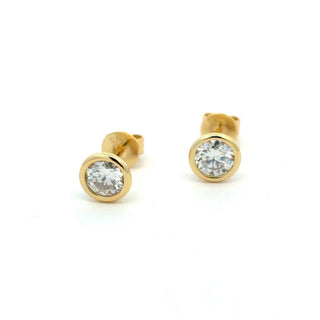 5mm round bezel solitaire moissanite stud earrings in yellow gold vermeil over sterling silver