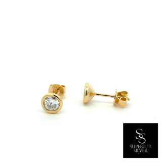 5mm round bezel solitaire moissanite stud earrings in yellow gold vermeil over sterling silver, view 2