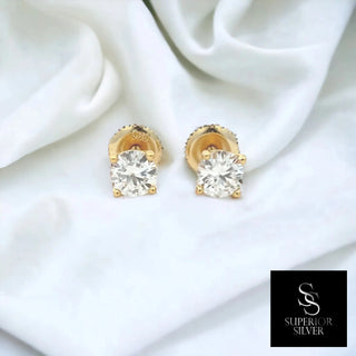 5mm round moissanite solitaire stud earrings in yellow gold vermeil over sterling silver, view 3