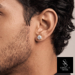 5mm round moissanite solitaire stud earrings in yellow gold vermeil over sterling silver, worn on model
