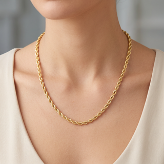 10K yellow gold 4.0mm rope chain worn on the neck