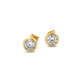 6mm round bezel solitaire moissanite stud earrings in yellow gold vermeil over sterling silver