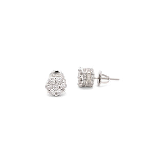 7mm flower cluster baguette-sided moissanite stud earrings in sterling silver