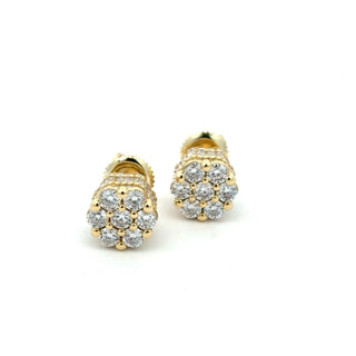 7mm flower cluster baguette-sided moissanite stud earrings in yellow gold vermeil over sterling silver