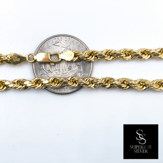 10K yellow gold 4.0mm rope chain shown next to a quarter for scale