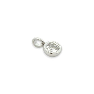 A polished silver pendant charm featuring a cushion-cut clear gemstone in a bezel setting, shown on a plain white background.