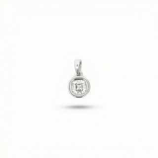 A silver pendant featuring a small square-cut clear gemstone in a bezel setting, suspended against a plain white background.