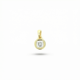A small gold pendant charm featuring a round bezel-set clear gemstone, shown against a plain white background with a soft drop shadow.